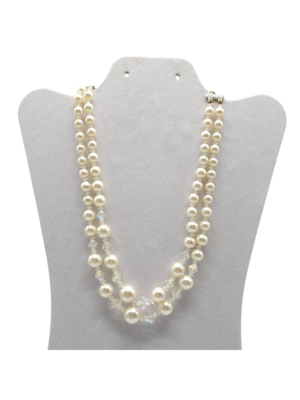 Vintage Faux Pearl Crystal Double-Strand Necklace Japan-Made 19-Inch Retro